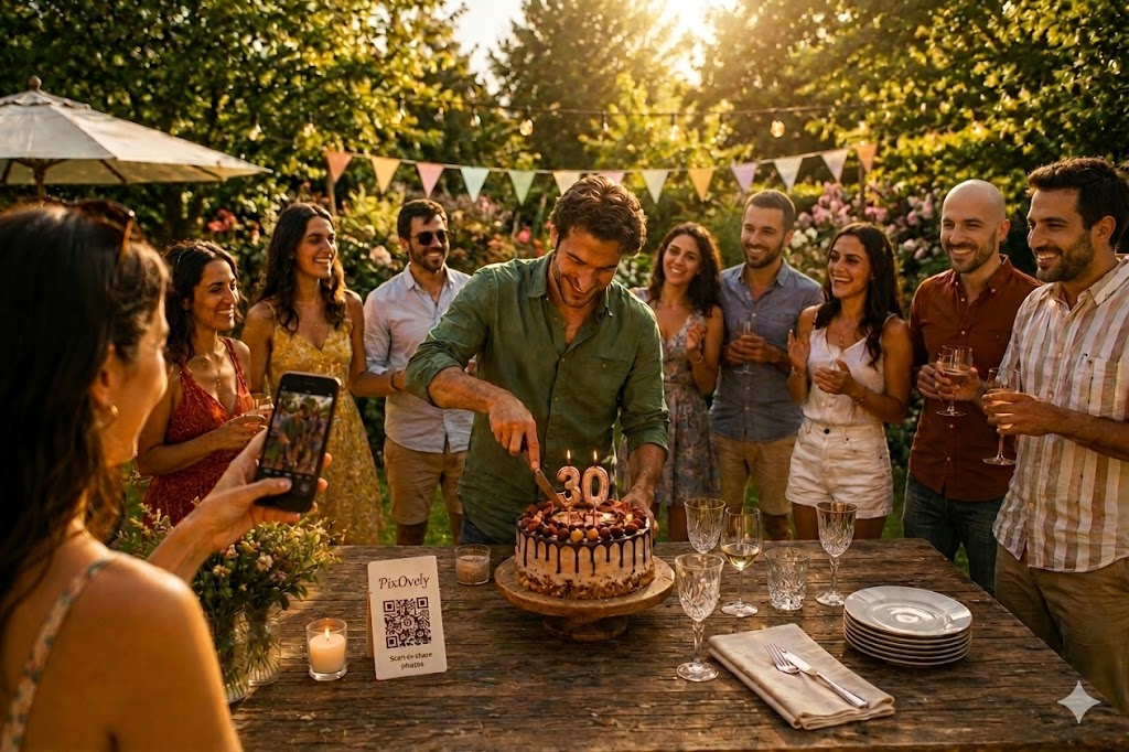 Anniversaire en extérieur avec des invités autour du gâteau