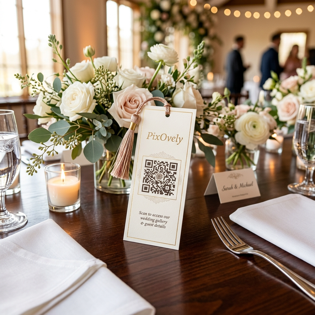 Carte QR code PixOvely posée sur une table d'événement